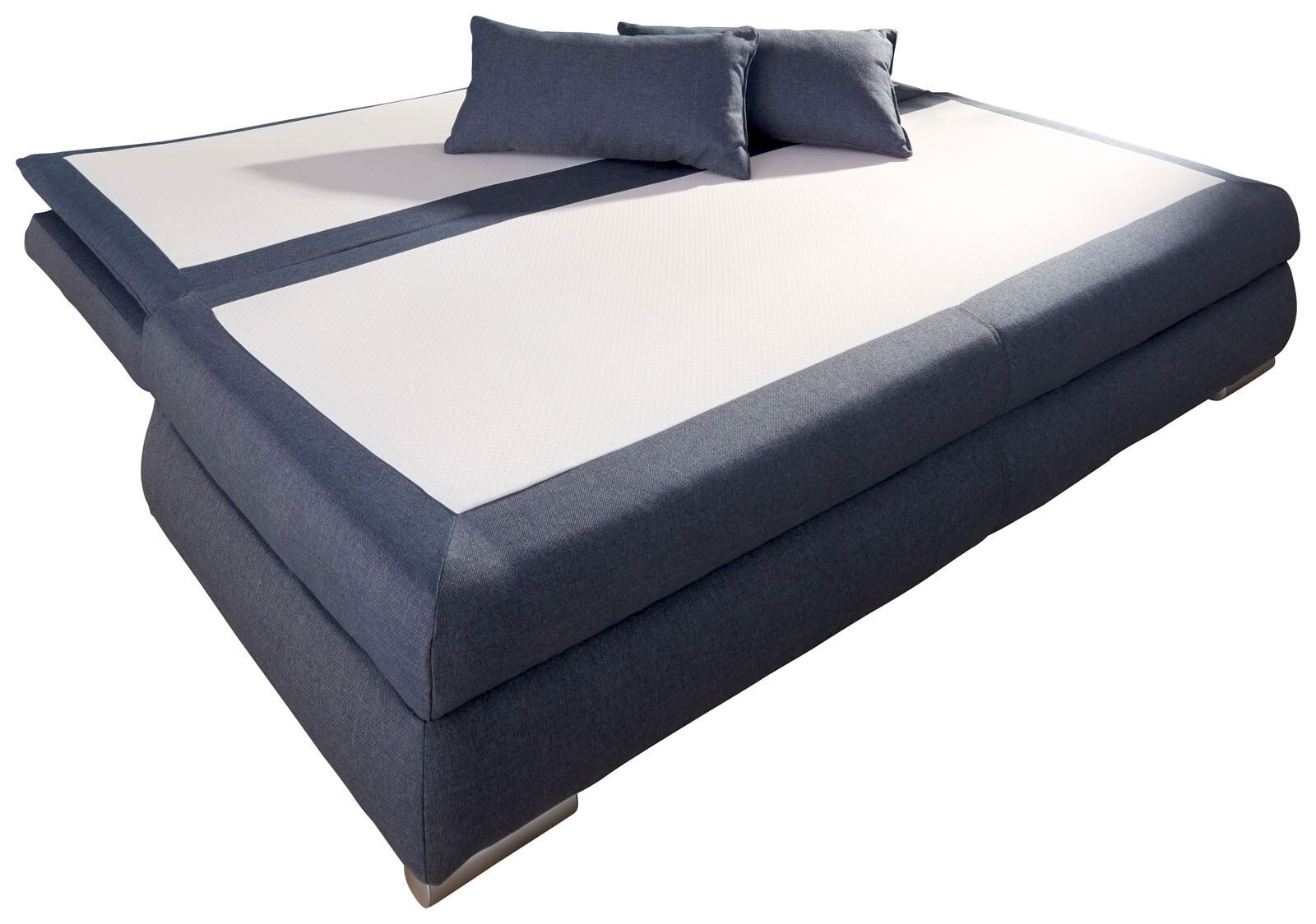 Funktionssofa in Dunkelblau mit zwei Kissen, seitliche Perspektive