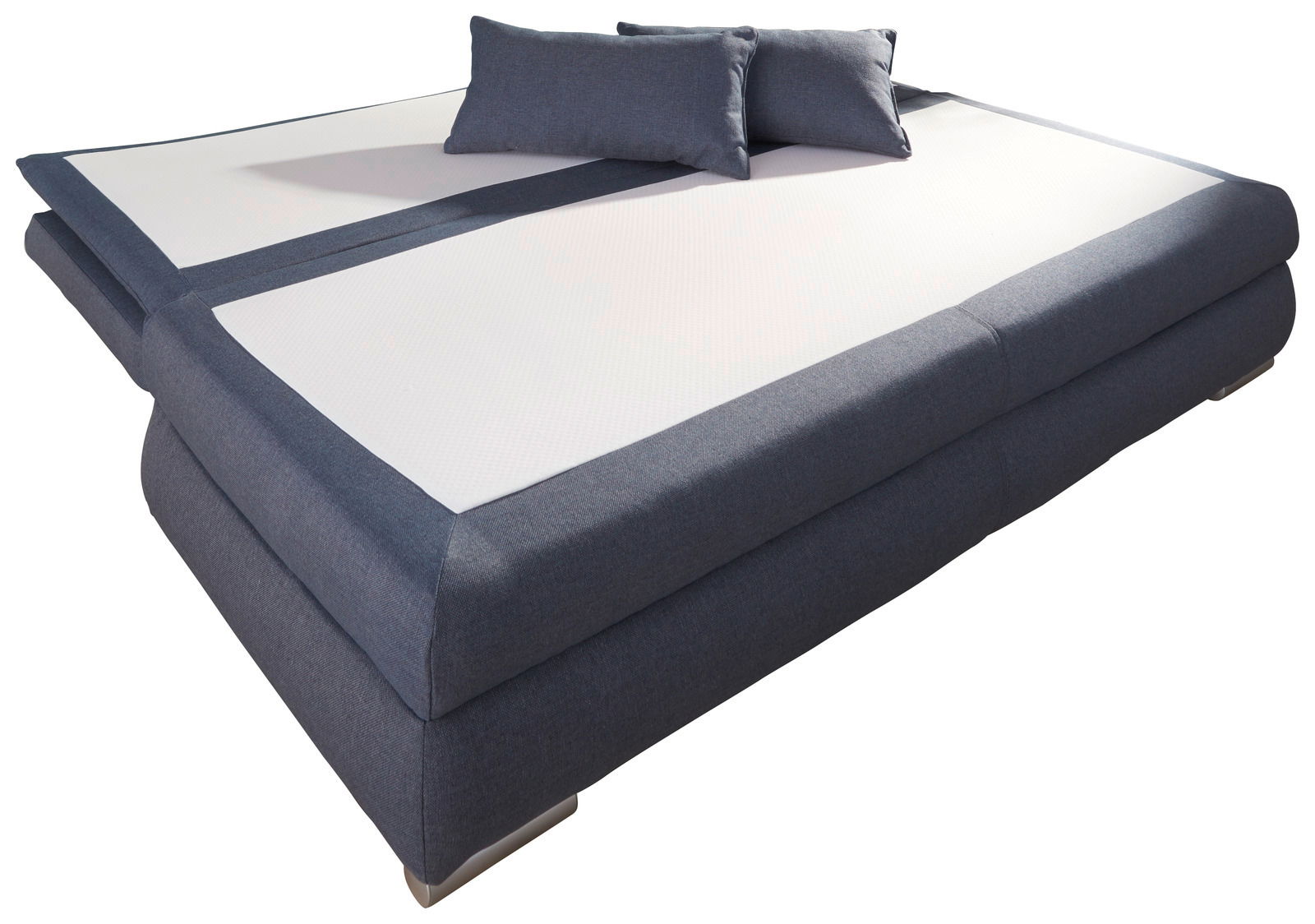 Funktionssofa in Dunkelblau mit zwei Kissen, seitliche Perspektive