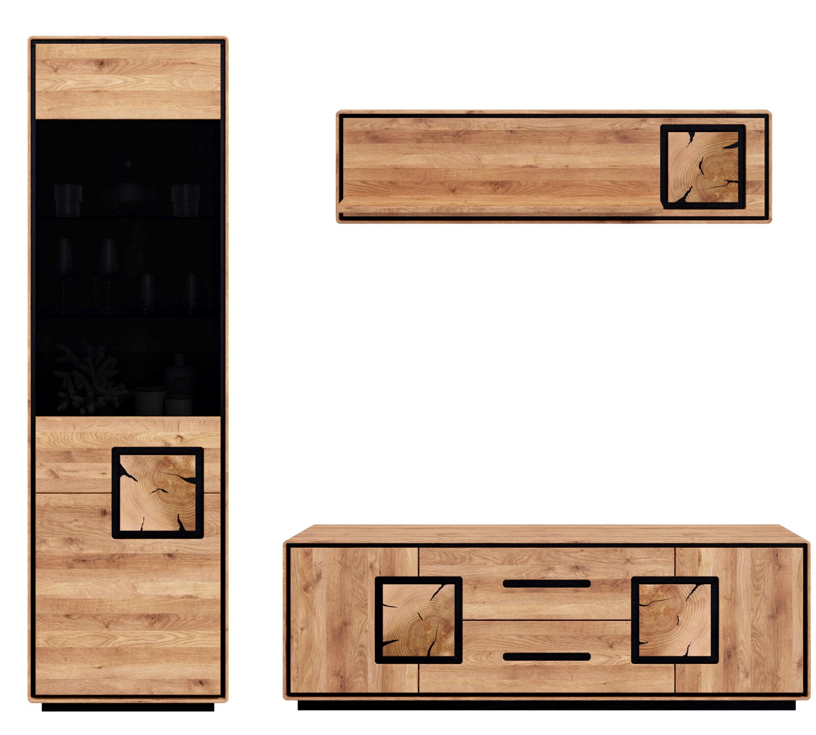 Landscape Wandcombinatie BRIXEN Modernes Wohnmöbel-Set aus Holz in Eichenoptik mit schwarzen Akzenten: hohe Vitrine mit Glaseinsatz, Wandboard und Sideboard mit Schubladen; Produktansicht frontal