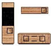 Modernes Wohnmöbel-Set aus Holz in Eichenoptik mit schwarzen Akzenten: hohe Vitrine mit Glaseinsatz, Wandboard und Sideboard mit Schubladen; Produktansicht frontal