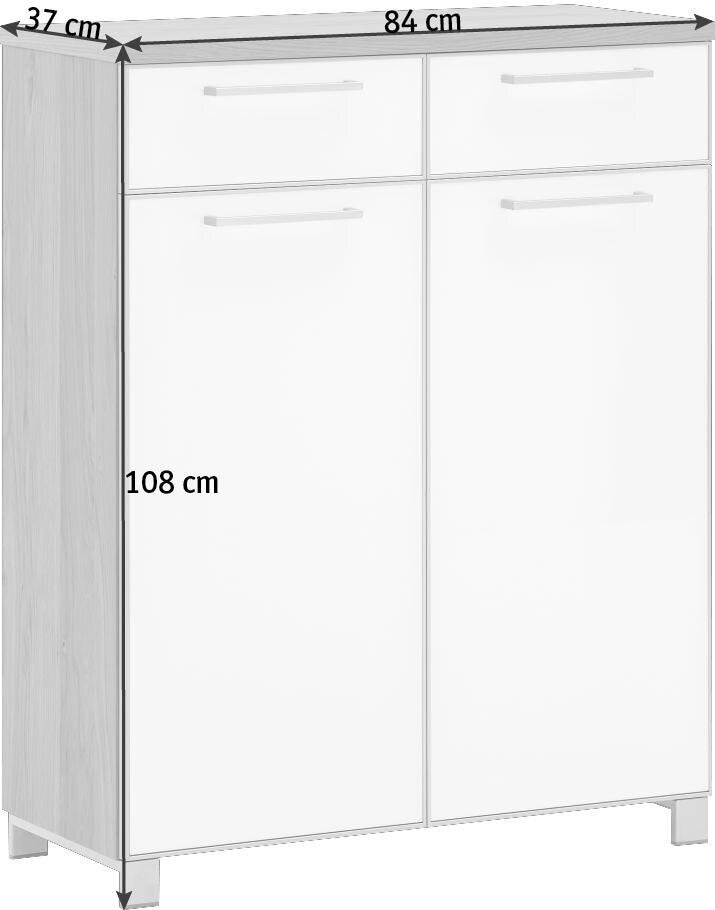 Moderner Schuhschrank aus der Serie SANTINA von VOSS, in Frontansicht. Der Schrank hat eine weiße Hochglanzfront mit zwei Schubladen und zwei Türen, sowie eine Holzoptik an den Seiten. Maße: 84 cm breit, 108 cm hoch, 37 cm tief.