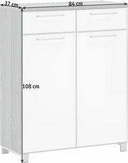 Moderner Schuhschrank aus der Serie SANTINA von VOSS, in Frontansicht. Der Schrank hat eine weiße Hochglanzfront mit zwei Schubladen und zwei Türen, sowie eine Holzoptik an den Seiten. Maße: 84 cm breit, 108 cm hoch, 37 cm tief.