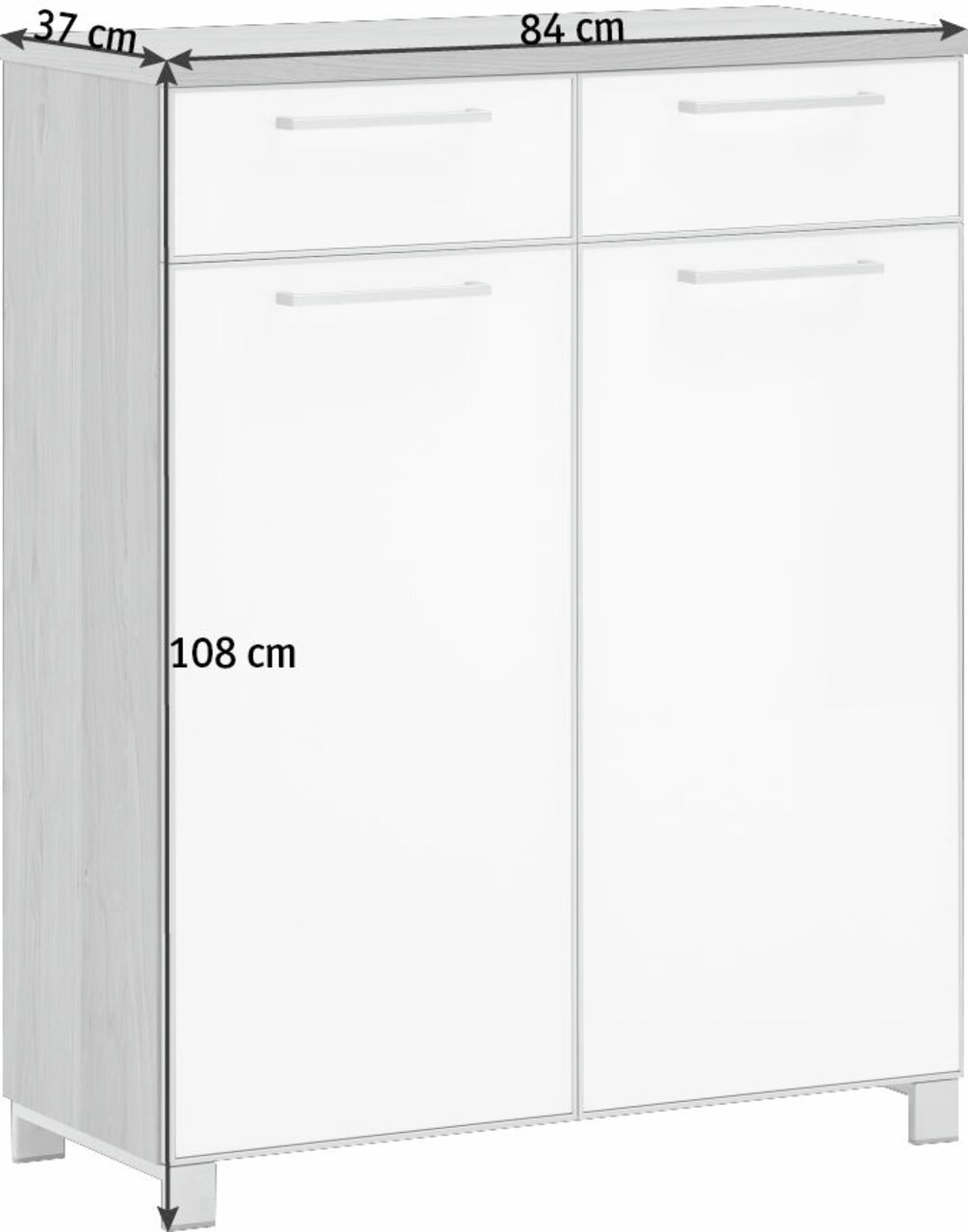 VOSS Schoenenkast SANTINA Moderner Schuhschrank aus der Serie SANTINA von VOSS, in Frontansicht. Der Schrank hat eine weiße Hochglanzfront mit zwei Schubladen und zwei Türen, sowie eine Holzoptik an den Seiten. Maße: 84 cm breit, 108 cm hoch, 37 cm tief.