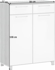 Moderner Schuhschrank aus der Serie SANTINA von VOSS, in Frontansicht. Der Schrank hat eine weiße Hochglanzfront mit zwei Schubladen und zwei Türen, sowie eine Holzoptik an den Seiten. Maße: 84 cm breit, 108 cm hoch, 37 cm tief.