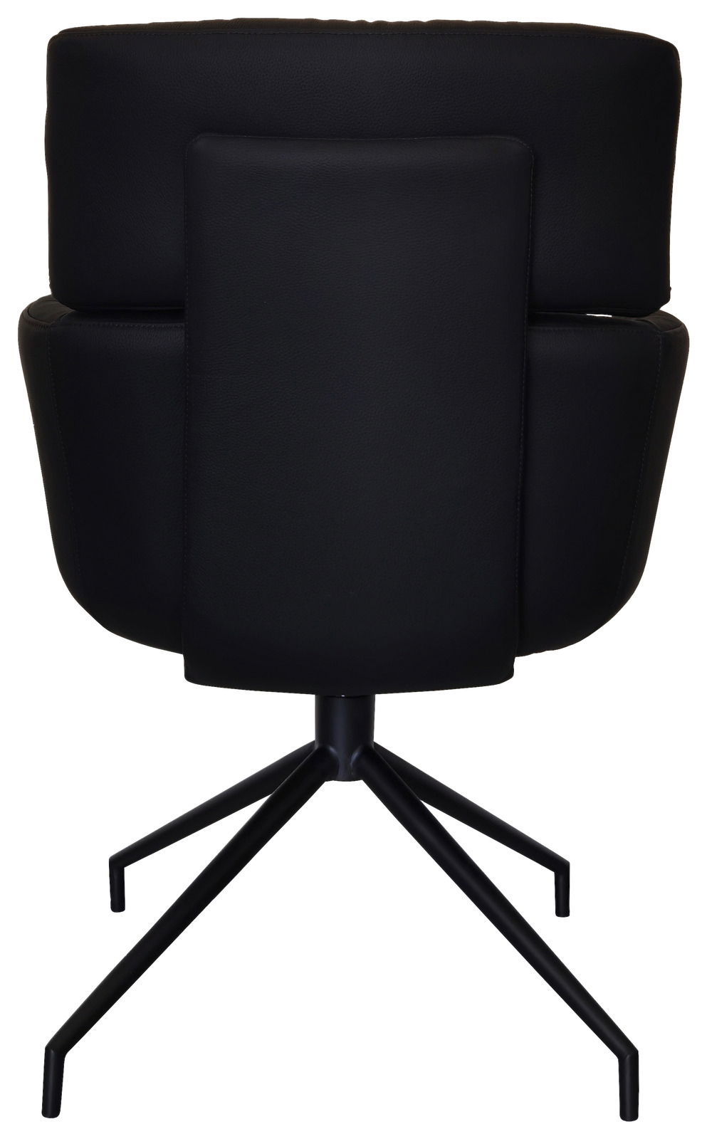 Rückansicht eines schwarzen Armlehnstuhls mit modernem Design und Metallgestell.