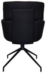 Rückansicht eines schwarzen Armlehnstuhls mit modernem Design und Metallgestell.