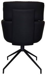 Rückansicht eines schwarzen Armlehnstuhls mit modernem Design und Metallgestell.