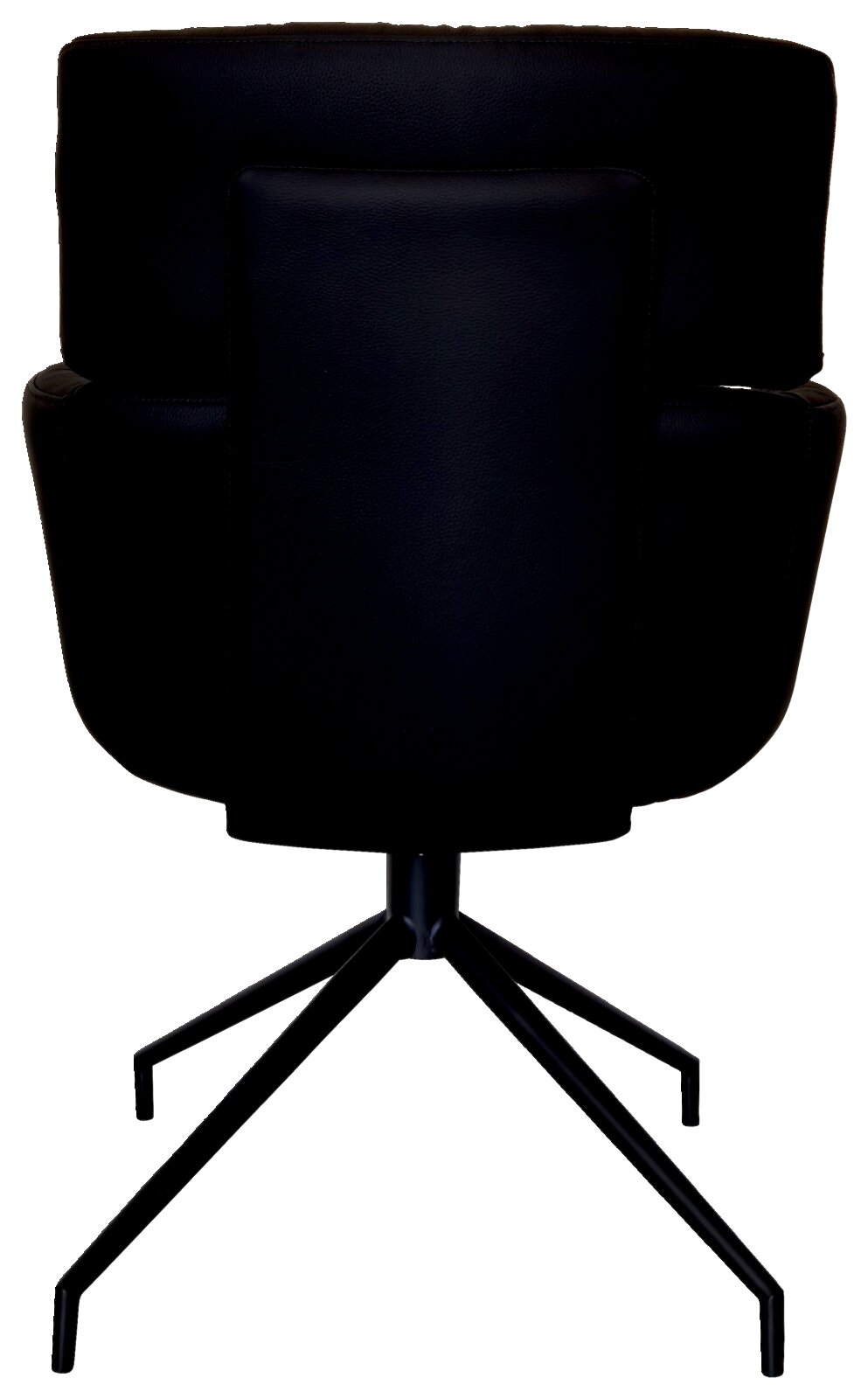 Achterkant van een zwarte fauteuil met een modern ontwerp en een metalen frame.
