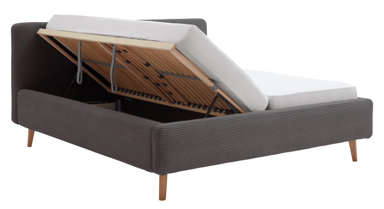 Polsterbettgestell mit hochgeklappter Matratze und Stauraum, seitliche Perspektive