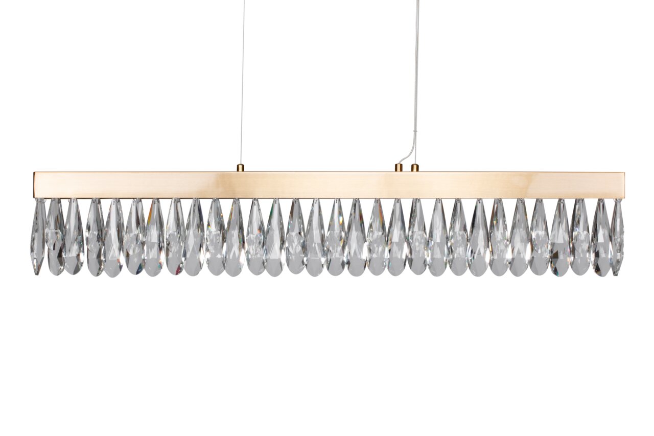 Elegante LED-Pendelleuchte mit Kristallanhängern, seitliche Perspektive