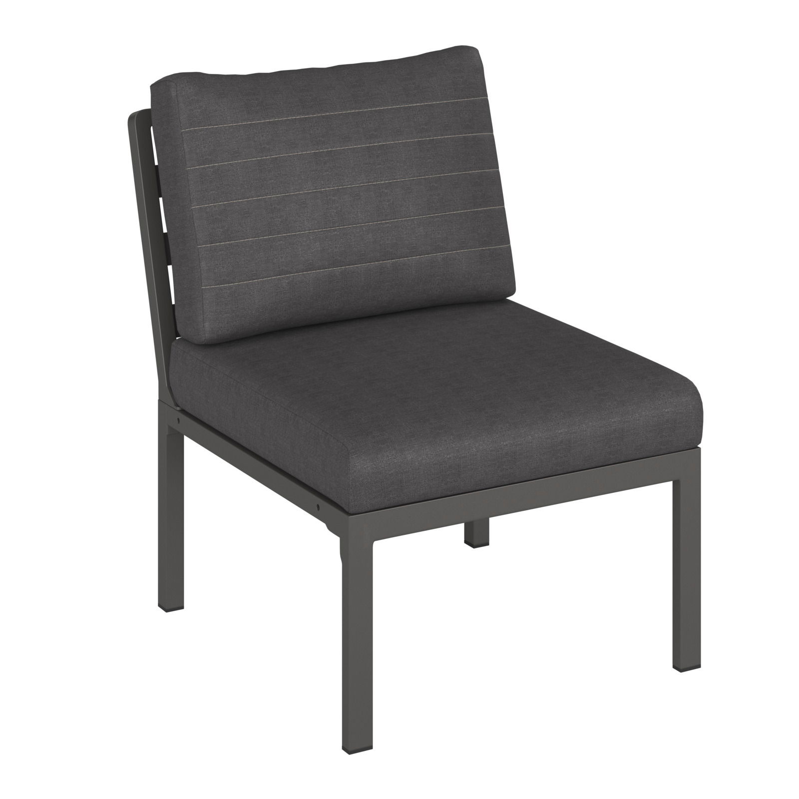 Loungemittelteil in dunklem Stoff mit Metallrahmen, seitliche Perspektive