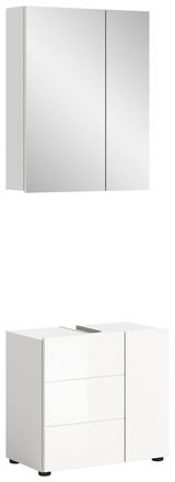 Badezimmerschrank-Kombination mit Spiegelschrank und Unterschrank in weißer Hochglanzoptik, Frontalansicht