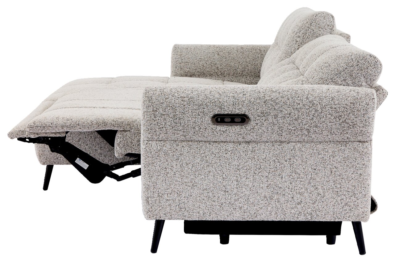 Seitenansicht eines grauen Ecksofas mit verstellbarer Rückenlehne und Fußstütze, modernes Design