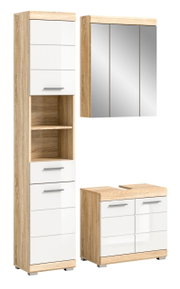 Badkombination mit Holz- und Weißglanzoptik, bestehend aus einem hohen Schrank, einem Spiegelschrank und einem Unterschrank, frontal betrachtet.