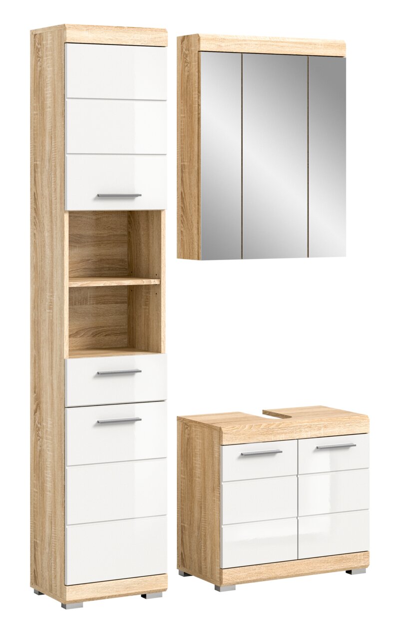 Badkombination mit Holz- und Weißglanzoptik, bestehend aus einem hohen Schrank, einem Spiegelschrank und einem Unterschrank, frontal betrachtet.