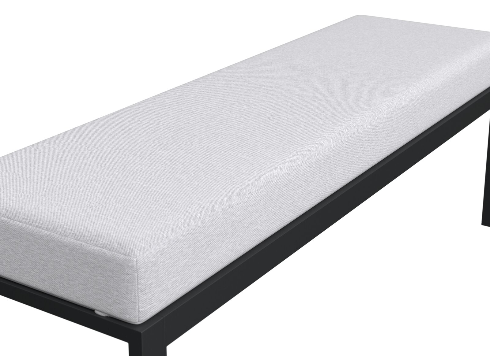 Seitliche Ansicht einer modernen Gartenbank mit weißem Polster und schwarzem Metallrahmen.