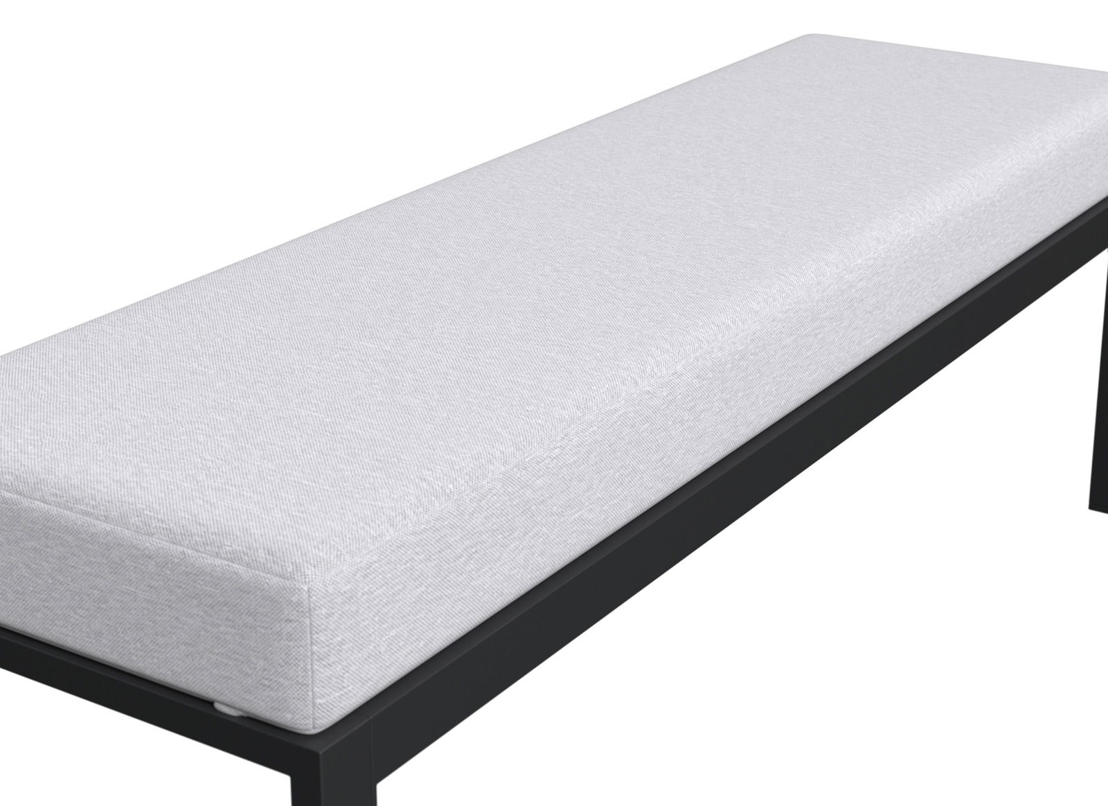 Seitliche Ansicht einer modernen Gartenbank mit weißem Polster und schwarzem Metallrahmen.