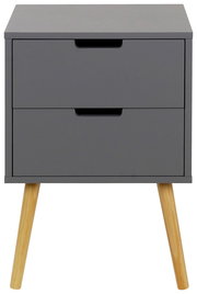 Graue Nachtkommode mit zwei Schubladen und Holzbeinen, Frontalansicht