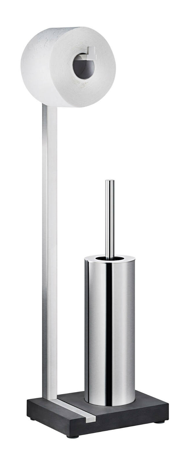 Moderner Toilettenbutler aus Edelstahl mit Toilettenpapierhalter und Bürstenhalter, seitliche Perspektive
