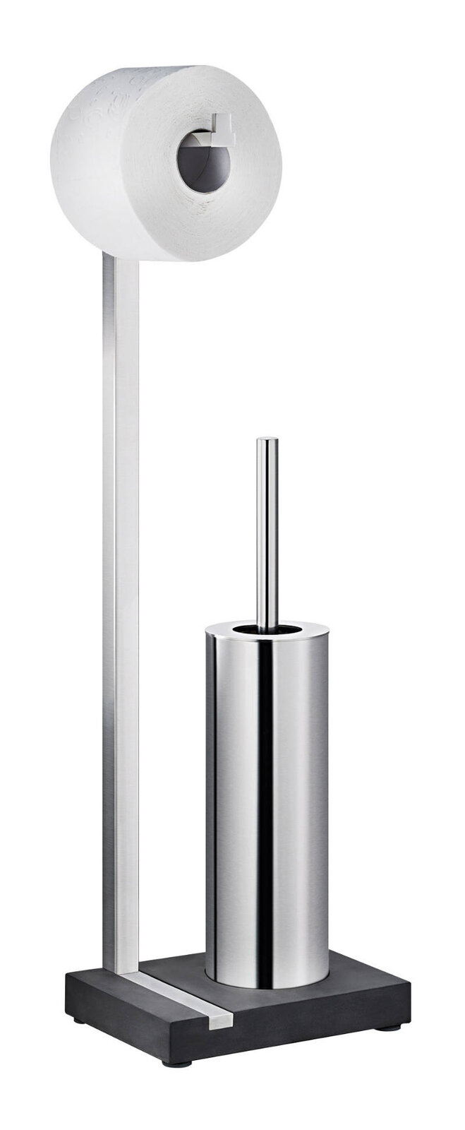 Moderner Toilettenbutler aus Edelstahl mit Toilettenpapierhalter und Bürstenhalter, seitliche Perspektive