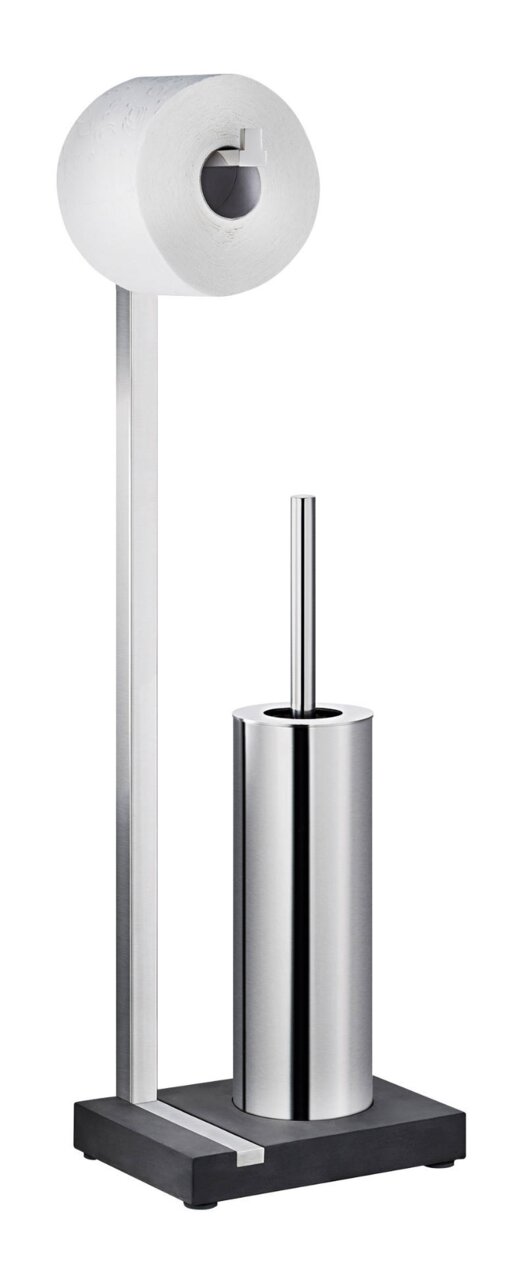Moderner Toilettenbutler aus Edelstahl mit Toilettenpapierhalter und Bürstenhalter, seitliche Perspektive