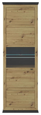 Vitrine aus Holz mit Glasfront in Frontalansicht, natürliche Holzmaserung und dunkle Akzente.