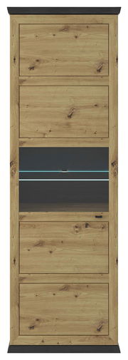 Vitrine aus Holz mit Glasfront in Frontalansicht, natürliche Holzmaserung und dunkle Akzente.