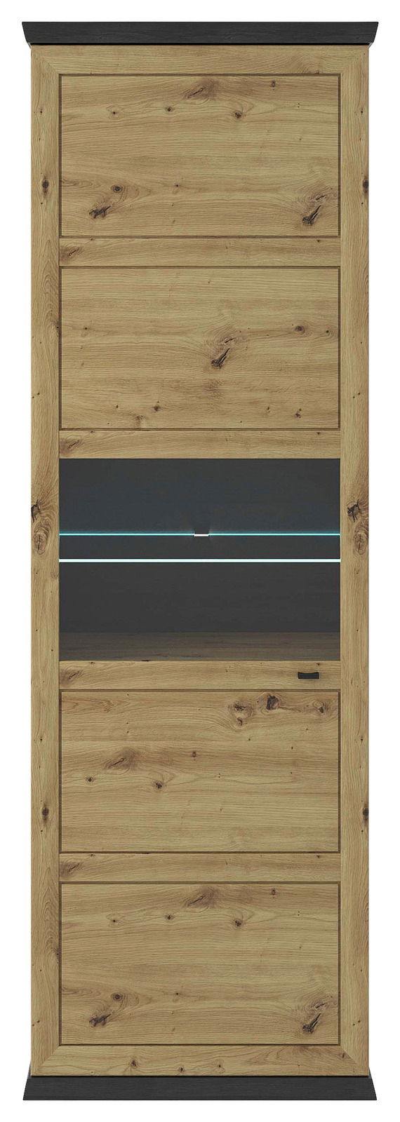 Vitrine aus Holz mit Glasfront in Frontalansicht, natürliche Holzmaserung und dunkle Akzente.