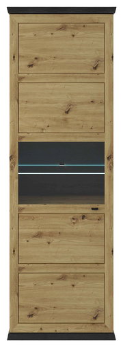 Vitrine aus Holz mit Glasfront in Frontalansicht, natürliche Holzmaserung und dunkle Akzente.