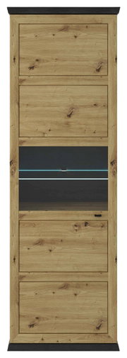 Houten vitrinekast met glazen voorkant, gezien van voren, met natuurlijke houtnerf en donkere accenten.