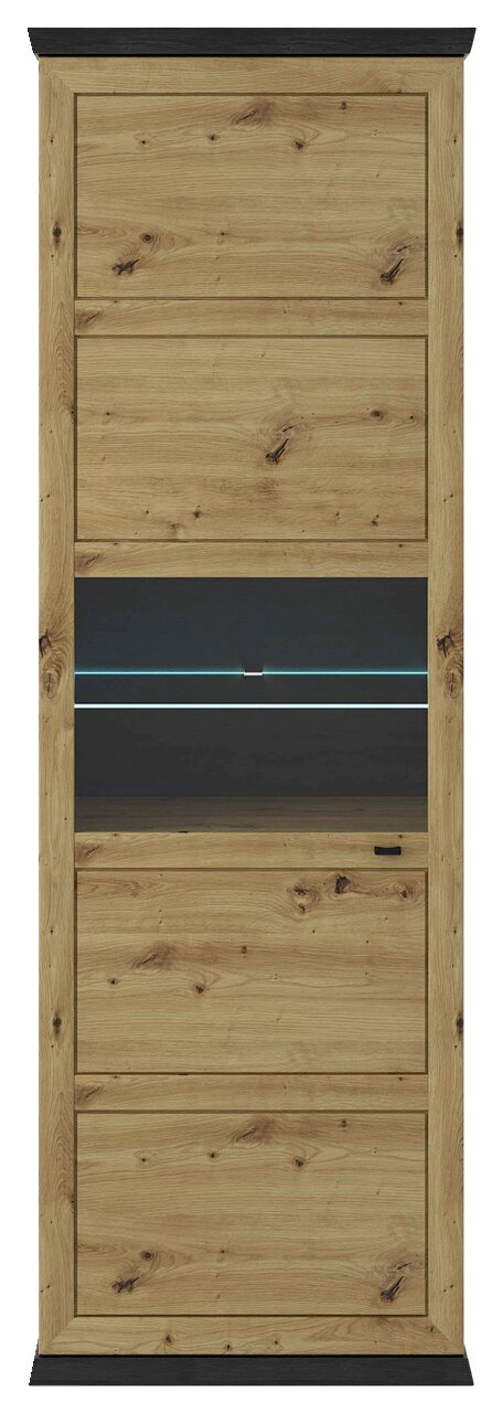 Houten vitrinekast met glazen voorkant, gezien van voren, met natuurlijke houtnerf en donkere accenten.