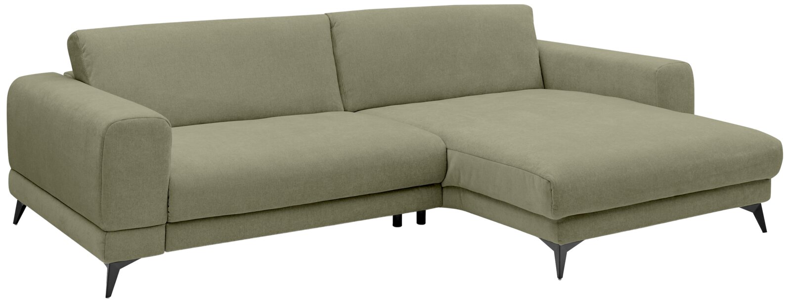 Set one by Musterring Ecksofa SET ONE MIDLAND Olivgrünes Ecksofa mit rechter Recamiere/Longchair, Stoffbezug, breiten Armlehnen und schwarzen Metallfüßen, Ansicht schräg von vorn
