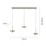 Moderne Pendelleuchte Q-ROTATE mit drei höhenverstellbaren Leuchten, seitliche Ansicht.