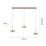 Moderne Pendelleuchte Q-ROTATE mit drei höhenverstellbaren Leuchten, seitliche Ansicht.