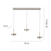 Moderne Pendelleuchte Q-ROTATE mit drei höhenverstellbaren Leuchten, seitliche Ansicht.