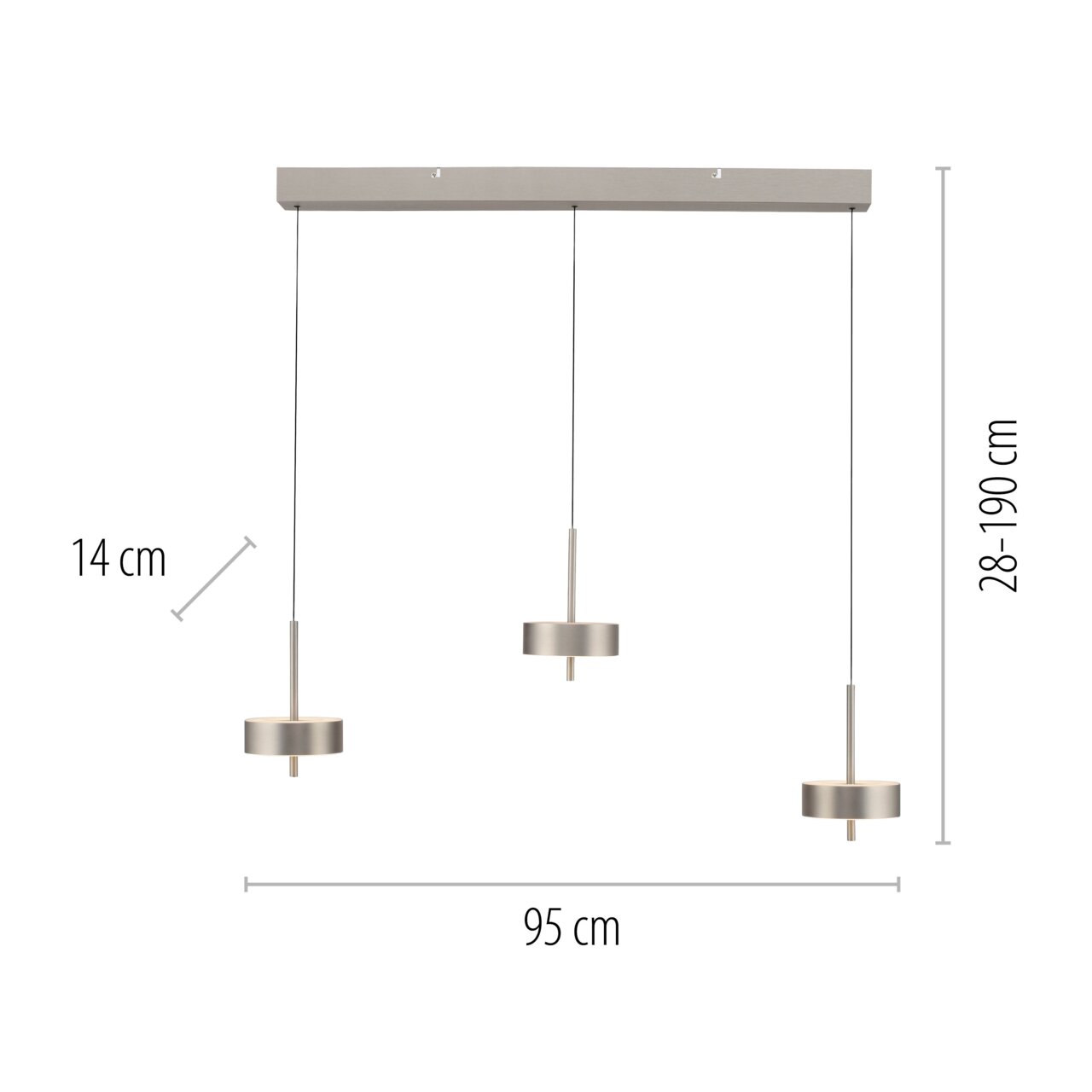 Moderne Pendelleuchte Q-ROTATE mit drei höhenverstellbaren Leuchten, seitliche Ansicht.
