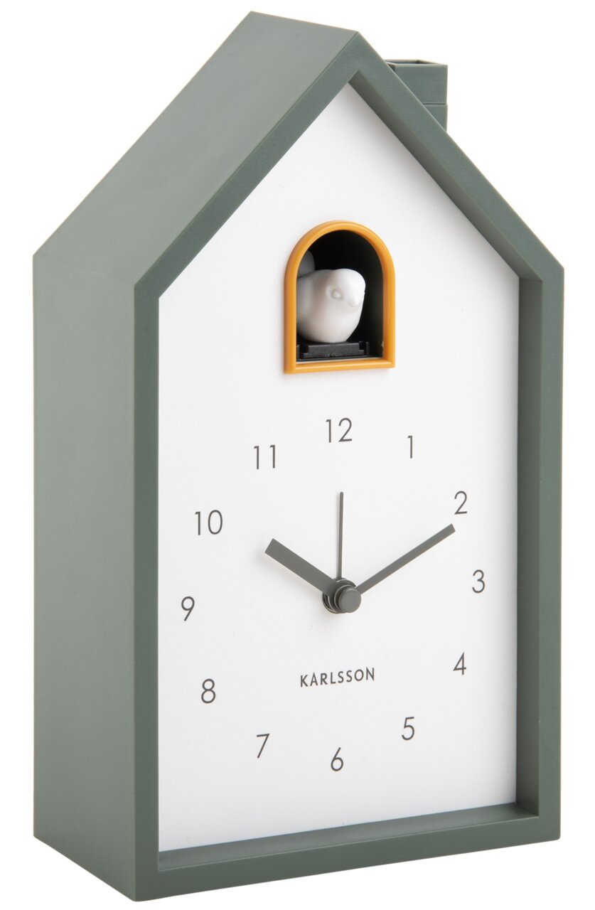 Moderner KARLSSON Wecker in Form eines Hauses mit Kuckucksvogel, seitliche Perspektive