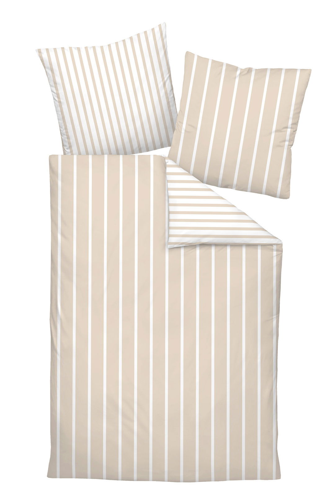 Bettwäsche-Set mit beigen und weißen Streifen, bestehend aus einem Bettbezug und zwei Kissenbezügen, aus der Vogelperspektive.