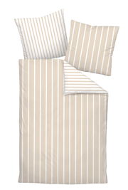 Bettwäsche-Set mit beigen und weißen Streifen, bestehend aus einem Bettbezug und zwei Kissenbezügen, aus der Vogelperspektive.