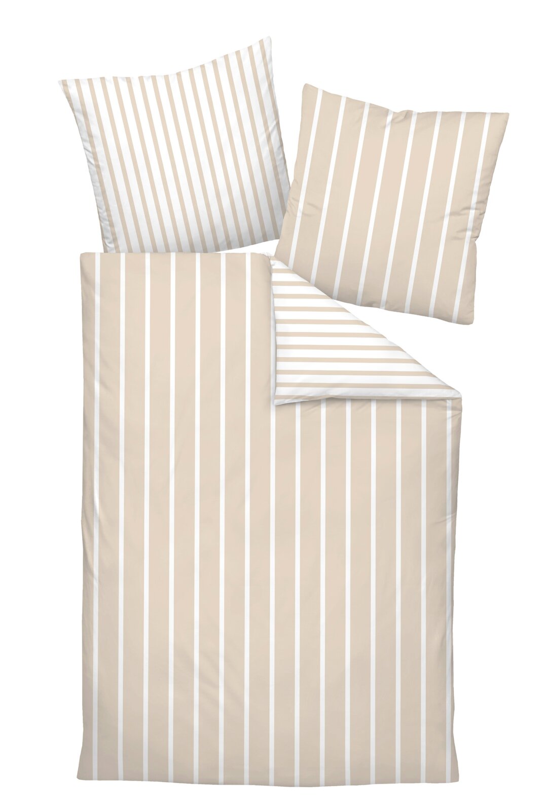 Bettwäsche-Set mit beigen und weißen Streifen, bestehend aus einem Bettbezug und zwei Kissenbezügen, aus der Vogelperspektive.