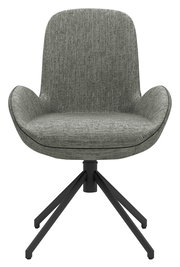 Grauer Armlehnstuhl mit Stoffbezug und schwarzem Metallgestell, Frontalansicht