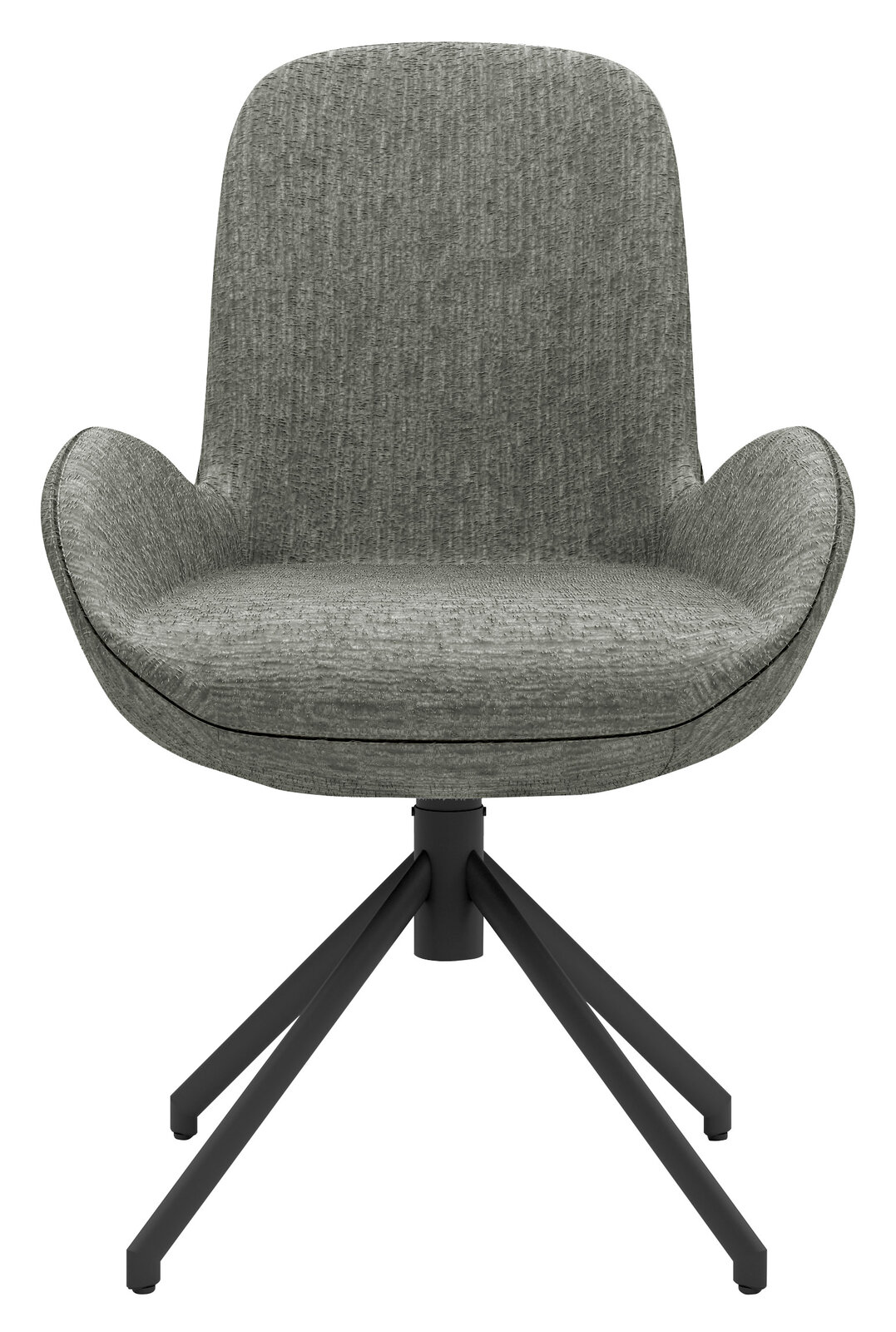 Grauer Armlehnstuhl mit Stoffbezug und schwarzem Metallgestell, Frontalansicht