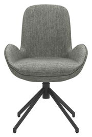 Grauer Armlehnstuhl mit Stoffbezug und schwarzem Metallgestell, Frontalansicht