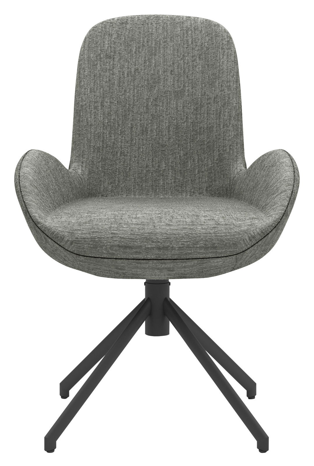 Grauer Armlehnstuhl mit Stoffbezug und schwarzem Metallgestell, Frontalansicht