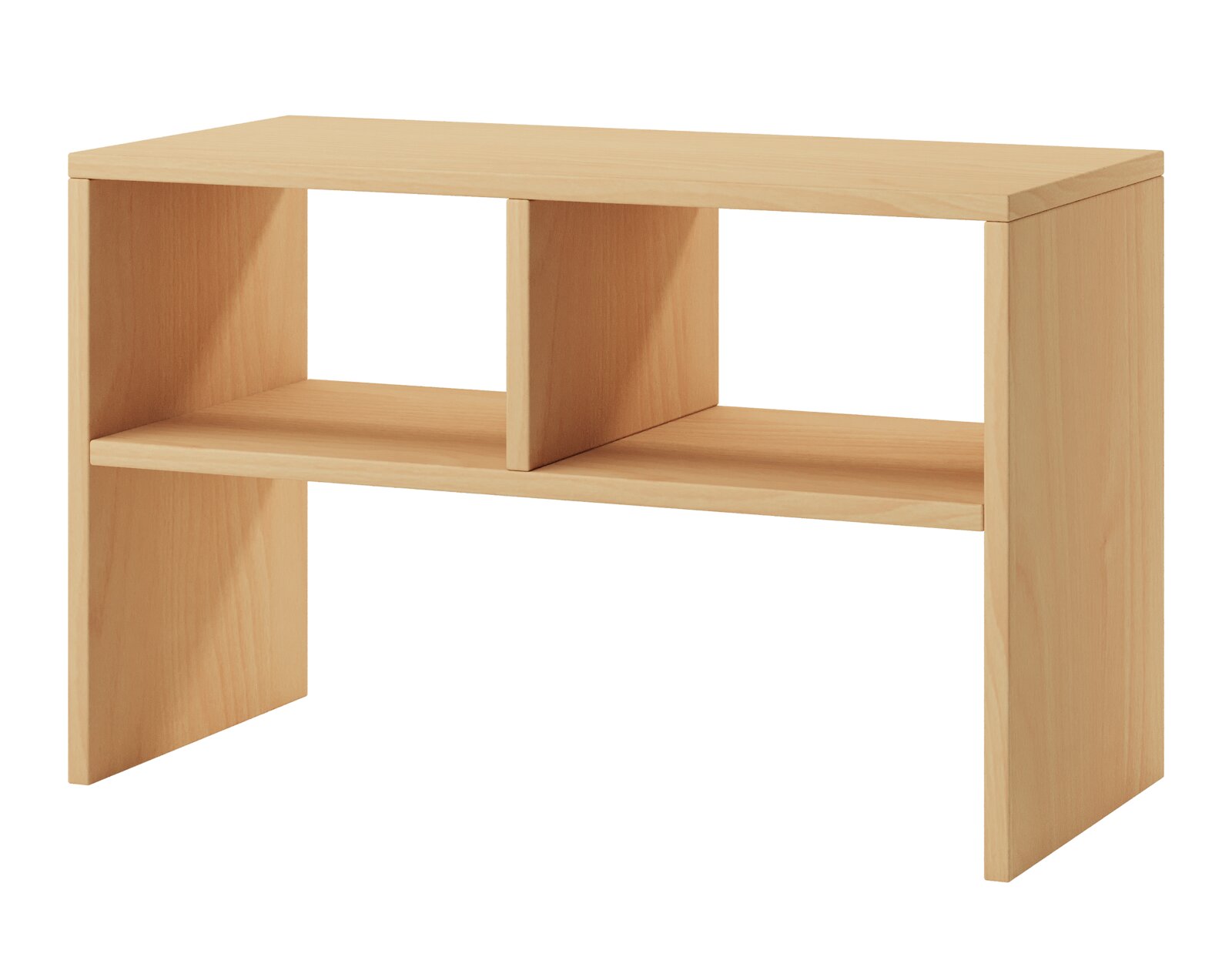 Heller Holz-Beistelltisch mit Ablagefach und Mittelsteg, freigestellt auf weißem Hintergrund, Ansicht schräg von vorn (3/4-Perspektive)