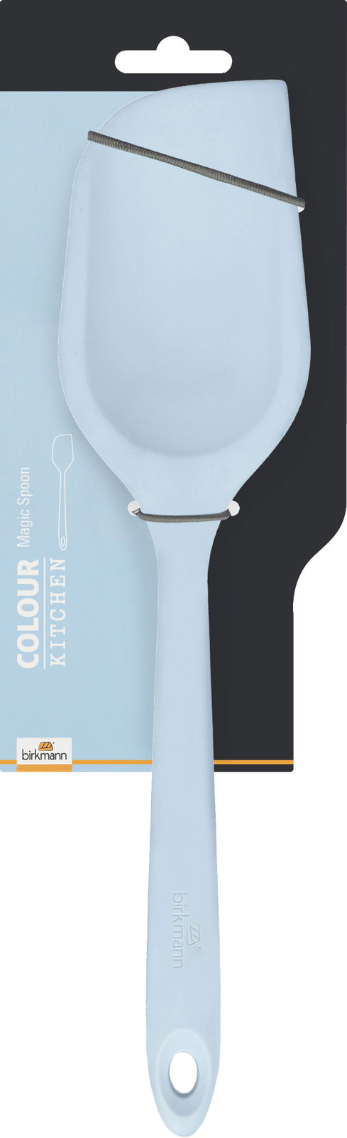 Birkmann Backlöffel COLOUR KITCHEN Hellblauer MagicSpoon von Birkmann, frontal abgebildet auf einer Verpackung.