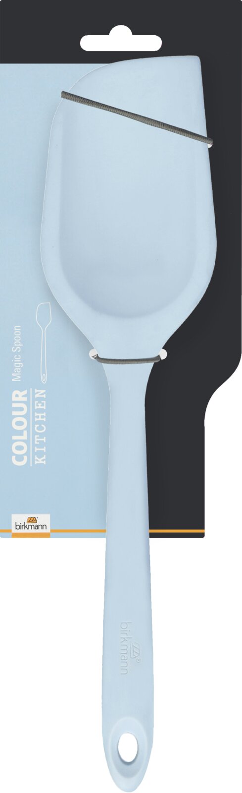 Hellblauer MagicSpoon von Birkmann, frontal abgebildet auf einer Verpackung.