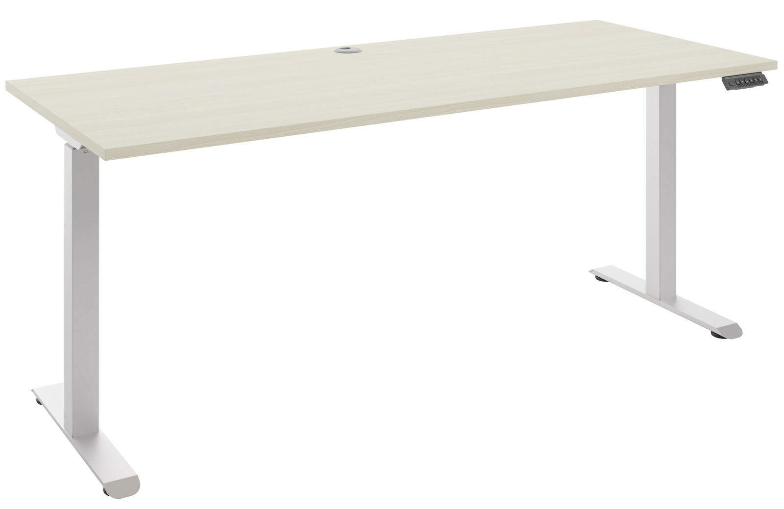 Moderner E-Schreibtisch in heller Holzoptik mit weißem Gestell, seitliche Perspektive
