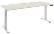Moderner E-Schreibtisch in heller Holzoptik mit weißem Gestell, seitliche Perspektive