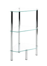 Dreistöckiges Eckregal mit transparenten Glasböden und verchromten Metallrohren, freistehend auf weißem Hintergrund, Ansicht schräg von vorne leicht von oben